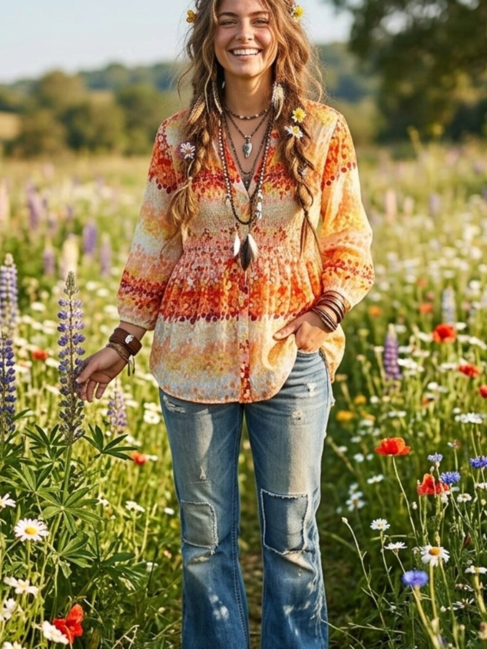 Hope Springs Womens Bohemian Hippie Blouse XL Orange/Red/White 3/4 Sleeve Tunic